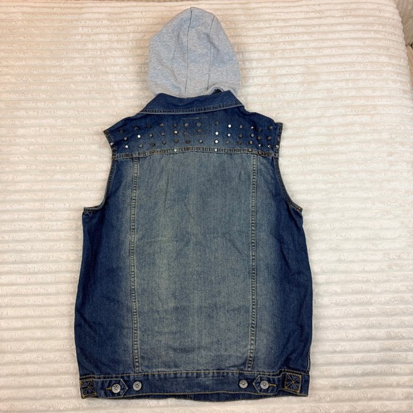 Victorious Mens Studded Denim Vest with Hood Blue Sleeveless Jean Jacket 2XL - Picture 5 of 5